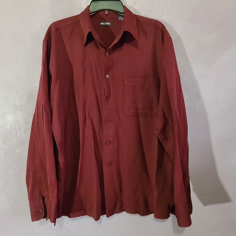 Puritan Button Down Shirt Mens Large Burgundy Maroon Long Sleeve Rayon Blend Not